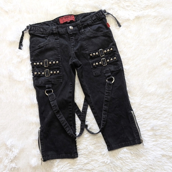 Tripp nyc Pants - Y2K Tripp Black Bondage Strap Studded Capri Shorts